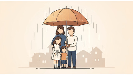 family standing under umbrella in rainy scene with colorful abstract background and coordinated outfits