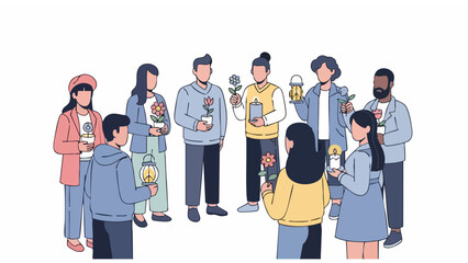 diverse group illustration promoting peace and unity with symbolic objects in modern casual style