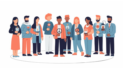 diverse group illustration promoting peace and unity with symbolic objects in modern casual style