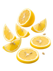Lemon slices and wedges PNG with transparent background, fresh citrus fruit cutout for food design, healthy ingredient graphics, summer drinks, menu elements, and clean natural creative layouts
