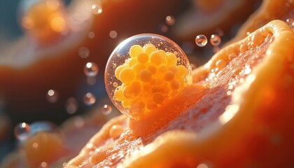 Microscopic view of human fat cells. Orange adipose tissue with lipid droplets and bubbles. Science, health, and biology concept. Medical, cellular structure, body science.