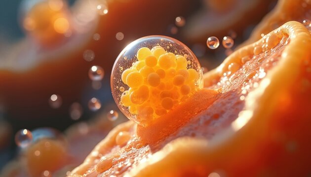 Microscopic view of human fat cells. Orange adipose tissue with lipid droplets and bubbles. Science, health, and biology concept. Medical, cellular structure, body science.