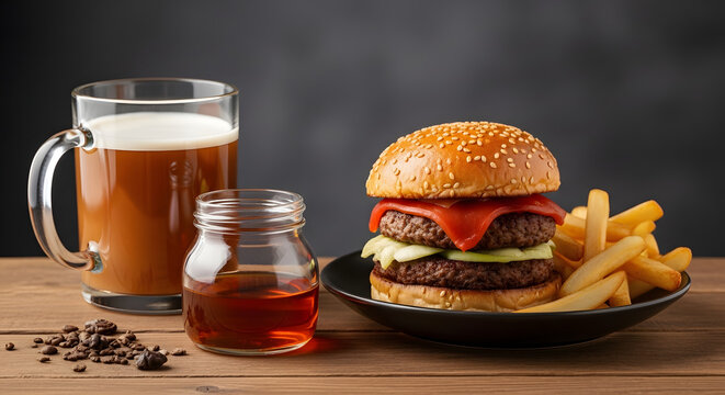 Delicious double cheeseburger with fries and beer, ready to enjoy now - Powered by Adobe