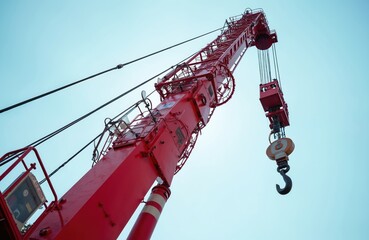 Red mobile crane boom extends high against clear blue sky. Telescopic arm with hook and pulley system is ready for heavy lifting work. Industrial machinery at construction site.