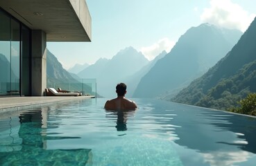 Man swims in infinity pool with mountain backdrop. He relaxes near luxury hotel during vacation. Peaceful atmosphere perfect for resort promotion. Travel and leisure concept.