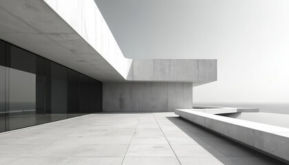 Minimalist modern concrete architecture with vast ocean view. Black glass walls reflect serene landscape. Clean lines create geometric forms in monochrome palette. Spacious design evokes sense of