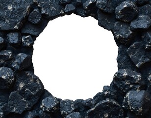 Black rocks frame a bright, circular opening, creating a textured border with a clear, empty space in the center.