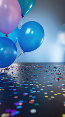 Blue balloon confetti background holiday celebration with colorful party balloon and scattered confetti on reflective floor creating festive joyful atmosphere