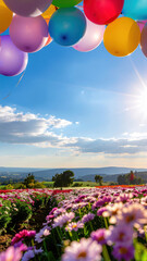Colorful balloon background holiday field of pink daisy flower under sunny blue sky with distant hills and warm light