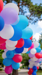 Colorful balloon arch decor frames sunny park background with trees and sky creating festive holiday atmosphere filled with joyful celebration and bright summer light
