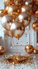 Gold balloon background holiday celebration with confetti and reflective party decorations creating joyful festive atmosphere