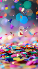 Colorful confetti background balloon holiday celebration with falling paper pieces and bokeh lights creating joyful festive atmosphere