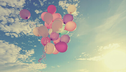 Pastel balloon sky background holiday celebration floating ribbon sunlight joy
