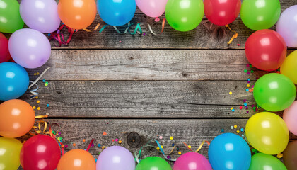 Colorful balloon border on rustic wooden background with confetti and ribbon creating festive holiday frame full of joyful celebration and party mood