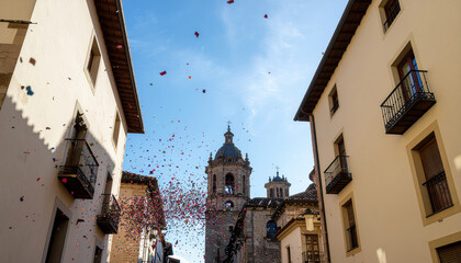 Colorful confetti background balloon float through narrow historic street toward old stone church creating festive holiday atmosphere with sunlight and blue sky