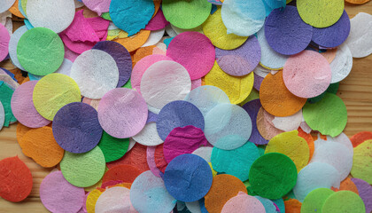 Colorful confetti background balloon holiday scattered on wooden surface creating festive playful atmosphere with round paper circles in pastel and bright colors