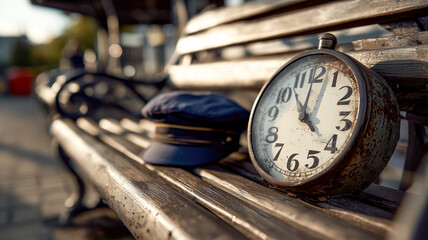 Time stands still on the aged wooden bench, a vintage clock and dark blue hat rest side by side, invoking reflection on passing moments.