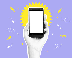 Trendy halftone collage human hand holding smartphone with doodle elements