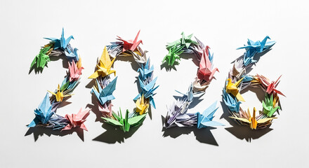 Colorful origami cranes arranged to form the numbers 2026 on transparent background