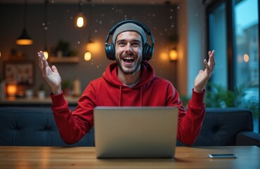 Young man with headphones laughs heartily at laptop screen. Excited guy gestures with hands. He enjoys online game, video, or call. Modern remote worker at home. He is happy.