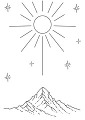 Minimalist line art illustration of a majestic mountain peak under a radiant sun and stylized stars. This simple, elegant vector design is perfect for nature-themed branding, logos, and adventure