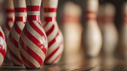 Fototapeta premium A close-up view of vintage bowling pins with red stripes arranged in a row on a wooden surface. Christmas, copy space