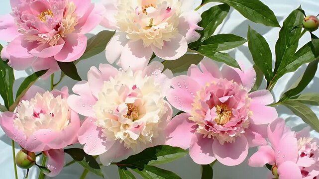 A cluster of soft pink and white peonies bursting with delicate petals and green leaves