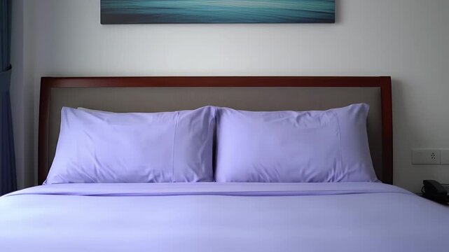 A neatly made bed with lavender pillows and a wooden headboard under framed wall art