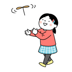 竹とんぼで遊ぶ女の子のイラスト