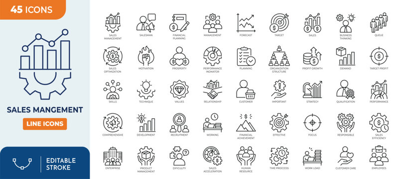 Sales management line editable icon set. Contain icons related to CRM, Business Process, marketing, sales team, effective, and more. editable stroke. Vector illustration