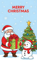 Cartoon Santa Claus and Snowman Holding a Present Christmas Vertical Banner