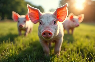 Three pink piglets stand on a green meadow at sunset. They are looking toward the camera with large ears spread wide. The sun shines brightly behind them creating a warm glow.