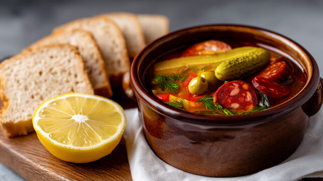 Traditional Russian solyanka soup with ingredients