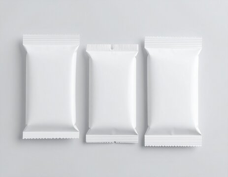  Empty closed paper sac mockup for food sweetener. Clear blank white sugar packet mock up