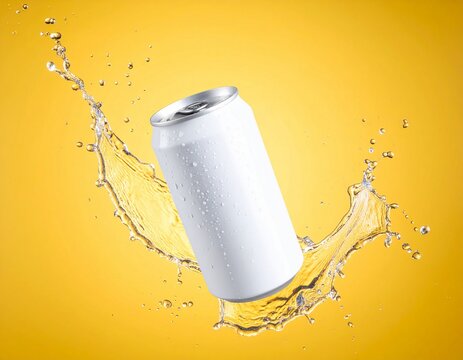 White soda can mockup with water splash product photography on yellow background floating in the air.