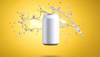 White soda can mockup with water splash product photography on yellow background floating in the air. 