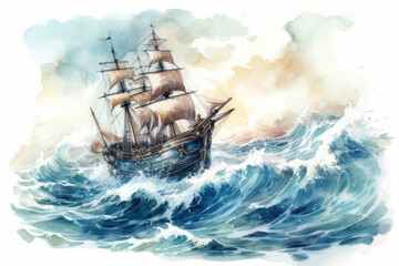 An atmospheric watercolor illustration of a three-masted sailing ship navigating rough seas. 