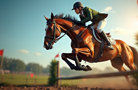 Athlete on horse jumps fence during equestrian competition. Rider and animal in motion over hurdle. Show jumping sport. Horse riding at event. Action moment. Summer day.