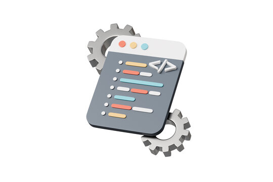 3d coding window with gears icon. development automation concept. Minimal cartoon code window dev panel backend for developer tools banner. isolated on white background. 3d render.
