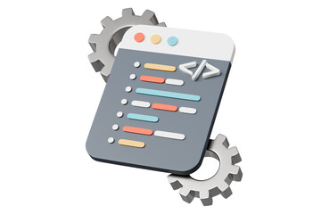 3d coding window with gears icon. development automation concept. Minimal cartoon code window dev panel backend for developer tools banner. isolated on white background. 3d render. © Theeraphat
