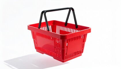 Fototapeta premium Red shopping basket in air on white background