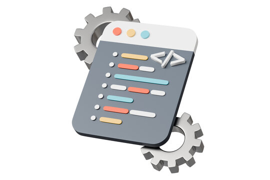 3d coding window with gears icon. development automation concept. Minimal cartoon code window dev panel backend for developer tools banner. isolated on white background. 3d render.