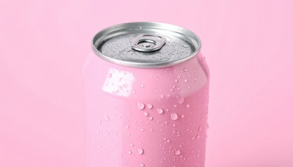  Can of fresh soda with water drops on pink background, closeup