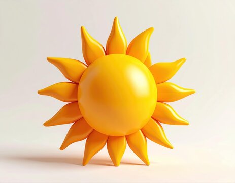 3D funny icon sun rounded rays in warm yellow, minimalist concept, isolated white.