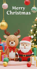 Fototapeta premium Close-up Portrait of Cute Santa and Reindeer on Green Background