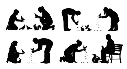 Silhouette figures feeding birds and animals, vector image for nature and wildlife concepts