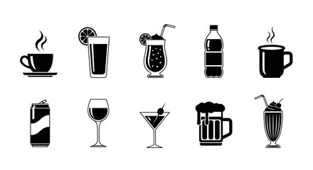 Beverage collection icons, drinks assortment, food service menu, restaurant beverages selection