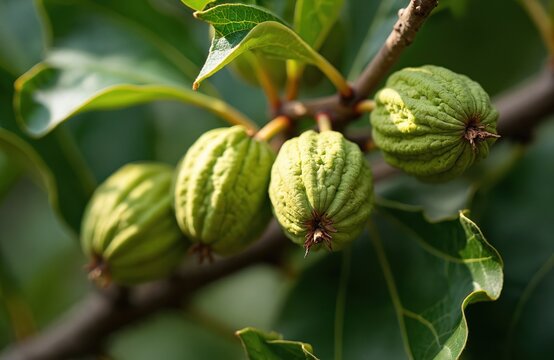 Unripe green walnuts grow on tree branch. Young nuts hang on plant with fresh green foliage. Closeup detail of healthy organic food in nature, symbol of future harvest, growth, natural bounty during
