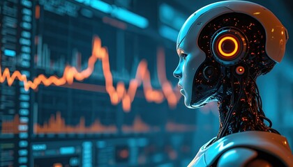 Futuristic robot advisor head in profile faces digital screen. Shows complex financial data, stock market charts, investment graphs. Artificial intelligence cyborg analyzes global trends. Machine