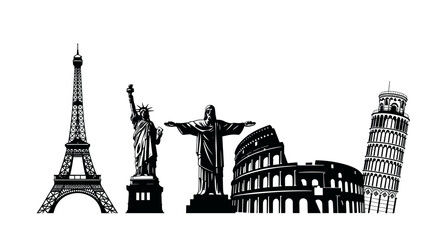 Obraz premium World landmarks silhouette travel destinations, global tourism and architecture design